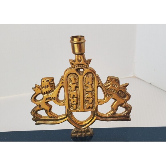 MENORAH Candle Holder JUDAICA Jewish Chanukah Hanukkah VTG Brass Lions Blue Mini - Picture 3 of 9